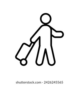 Traveler man icon. Simple outline style. Passenger pulling rolling bag, business trip, vacation, tourism concept. Thin line symbol. Vector illustration isolated.