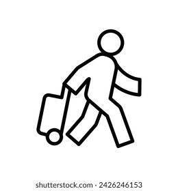 Traveler man icon. Simple outline style. Passenger pulling rolling bag, business trip, vacation, tourism concept. Thin line symbol. Vector illustration isolated.