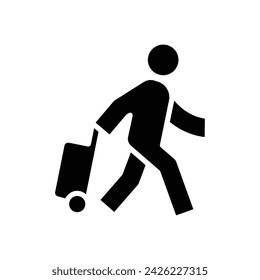 Traveler man icon. Simple solid style. Passenger pulling rolling bag, business trip, vacation, tourism concept. Black silhouette, glyph symbol. Vector illustration isolated.