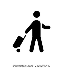 Traveler man icon. Simple solid style. Passenger pulling rolling bag, business trip, vacation, tourism concept. Black silhouette, glyph symbol. Vector illustration isolated.