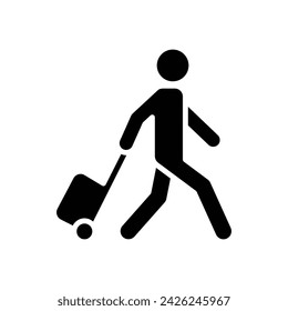 Traveler man icon. Simple solid style. Passenger pulling rolling bag, business trip, vacation, tourism concept. Black silhouette, glyph symbol. Vector illustration isolated.