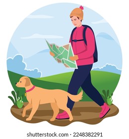 Traveler man looking in the map and walking with his dog.