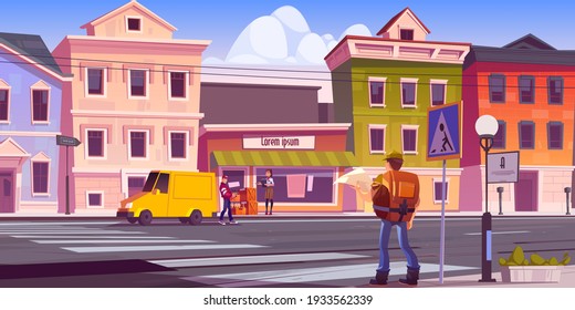 Traveler man with map and backpack on retro city street with antique buildings and porter unload car with alcohol bottles in boxes near store entrance with saleswoman, Cartoon vector illustration