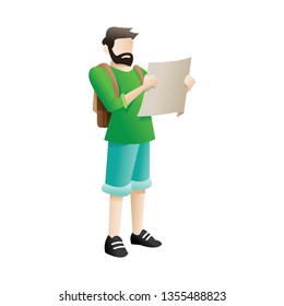 Traveler man with map planning. Backpacker looking at map on white background. Vector illustration