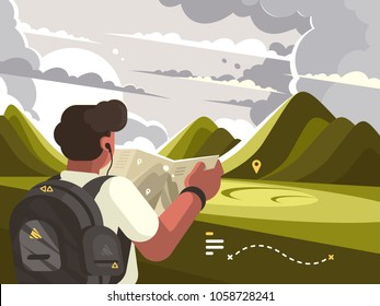 Traveler man with map planning walking route to mountains. Vector illustration