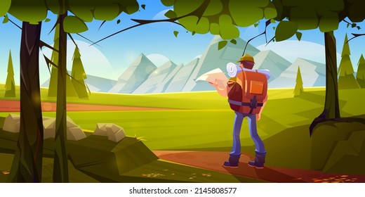 Traveler man with map stand at beautiful landscape with forest and mountain peaks. Travel journey, hiking adventure. Tourist with backpack searching way or orienteering, Cartoon vector illustration