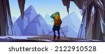 Traveler man at mountain cave entrance rear view. Tourist with backpack and staff stand at rocky snowy landscape looking on far peaks. Hiking travel adventure, extreme Cartoon vector illustration
