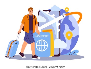 Traveler man with passport. Young guy with luggage near plane. Travel and tourism. Holiday and vacation, journey. Trips and flights around world. Flat vector illustration