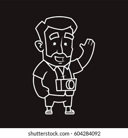 Traveler man with photo camera waving his hand. Vector illustration of a character. Black and white. Thin lines. Isolated on dark background.