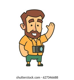 Traveler man with photo camera waving his hand. Vector illustration of a character. Flat style. Isolated on white background.