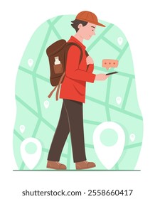 Traveler Man Search a Travel Information on Mobile Phone with Location Mark Symbol Background for Travel Concept Illustration