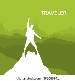 Traveler Man Silhouette Rock Climber Stand On Top Mountain Peak Green Background Vector Illustration