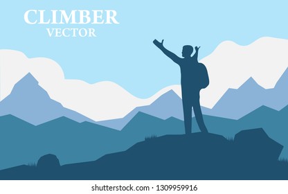 Traveler Man Silhouette Stand Top Mountain Rock Peak Climber. Vector illustration of a mountain landscape with realistic silhouette of one mountain climber.