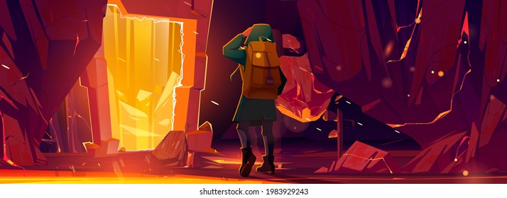 Traveler man stand at teleport or magic portal in stone frame inside of mountain cave. Fantasy scene hiker with backpack discover ancient secret door to parallel world, Cartoon vector illustration