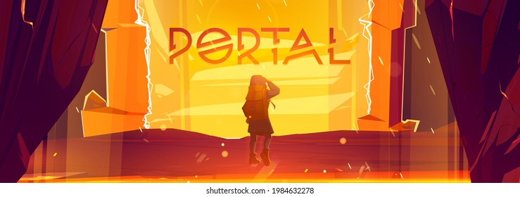 Traveler man stand at teleport or magic portal in stone frame inside of mountain cave. Fantasy scene hiker with backpack discover ancient secret door to parallel world, Cartoon vector illustration