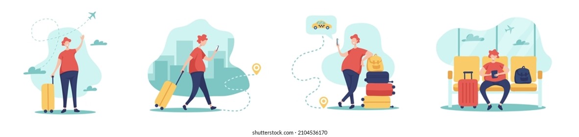 Traveler man with a suitcase arrived at a airport. Set of vector illustrations in flat style. Happy tourist shows the gesture of the greeting, sits in a waiting room, orders taxi, walks to a city.