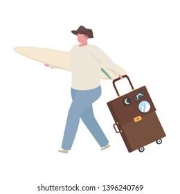 Traveler man with a suitcase and surfboard