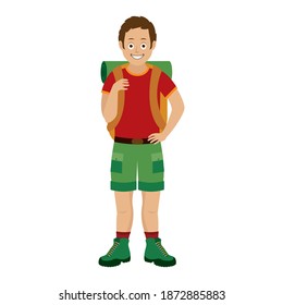 Traveler man with travel bag icon vector. Young man with backpack vector. Boy wearing hiking boots and shorts vector. Traveler man icon isolated on a white bacground. Tourist with a backpack cartoon