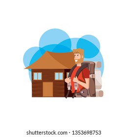 traveler man with travel bag and log cabin