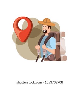 traveler man with travel bag and pin pointer location
