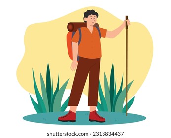 traveler man walking with backpack and trekking stick with mountain destination. Adventure camping trip.