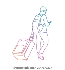 Traveler man walking with a suitcase and a backpack. Rainbow gradient. Sketch vector illustration.