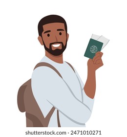 Traveler man wear casual clothes backpack bag hold passport ticket show thumb up. Flat vector illustration isolated on white background