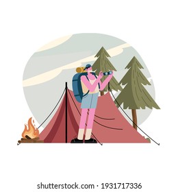 traveler man wearing mask with binoculars and tent vector illustration design