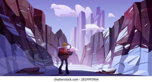 Traveler man at winter mountains, travel journey, adventure. Tourist with backpack and map stand at rocky snowy landscape looking at high peak. Extreme hiking lifestyle, Cartoon vector illustration