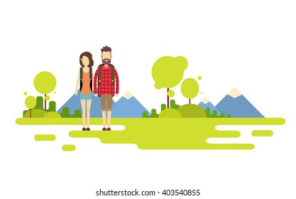 Traveler Man Woman, Couple Outdoor Hiking Over Mountain Background Banner Copy Space Vector Illustration