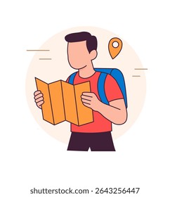 Traveler with map exploring location. Flat illustration of tourist with backpack for navigation, trip planning, or adventure theme.

