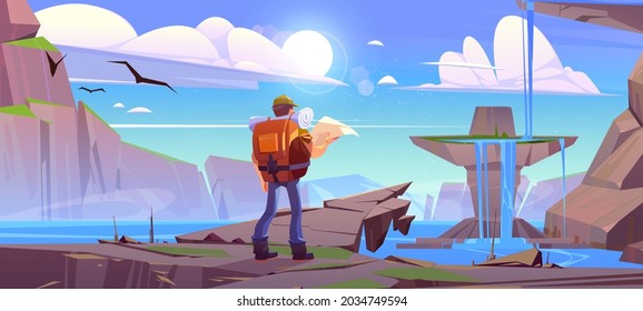 Traveler with map at mountain waterfall landscape with beautiful lake and rocks under blue cloudy sky with birds flying. Traveling journey, adventure. Man tourist hiking, Cartoon vector illustration