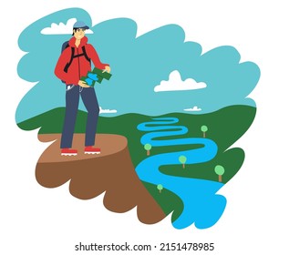 Traveler with a map stands on a rock and looks at the river. Vector illustration