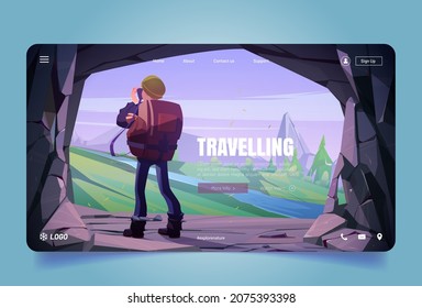 Traveler at mountain cave exit making picture on camera of scenery landscape with rock peaks and river. Travel, journey adventure. Tourist with backpack look on high tops, Cartoon vector illustration