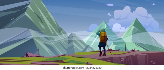 Traveler at mountain landscape with peaks covered with fog. Travel or wanderer extreme journey, adventure. Tourist with backpack look into the distance on high rock tops, Cartoon vector illustration