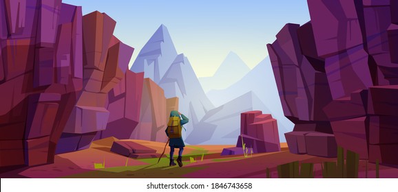 Traveler at mountains, travel journey, adventure. Tourist with backpack and map stand at rocky landscape look into the distance on high peak. Extreme hiking lifestyle, Cartoon vector illustration