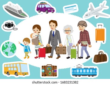 Traveler Of Multi Generation Family And Transportation Icon Set