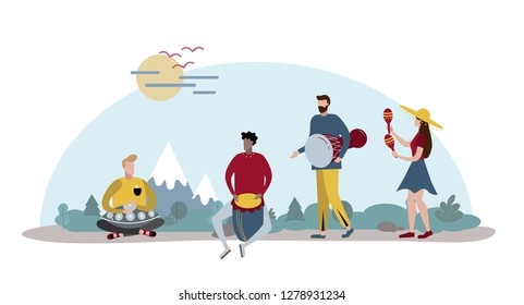 Traveler musicians learn to play Djembe, Hang drama, Taiko and Maracas in the forest. Vector illustration. Elements for graphic design