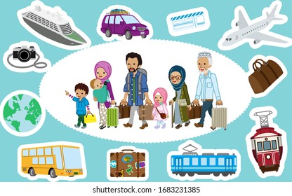 Traveler Of Muslim Multi Generation Family And Transportation Icon Set