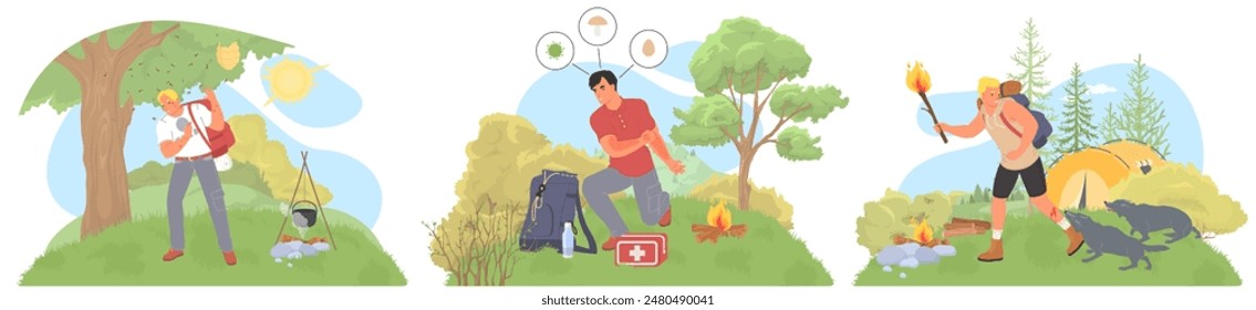 Traveler needs of emergency help in camping vector illustration