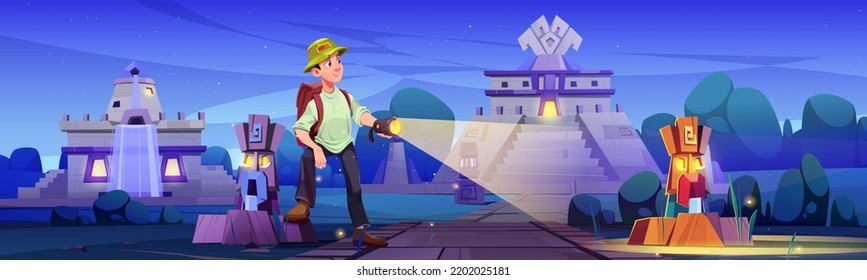 Traveler at night Aztec city with pyramids and statues. Tourist visit mayan travel landmark with stone monuments. Man with backpack and flashlight stand at Kukulkan Temple, Cartoon vector illustration