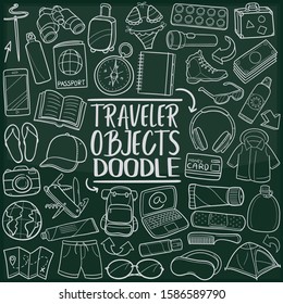 Traveler Objects Wanderlust Chalkboard Doodle Icons. Sketch Hand Made Design Vector Art.