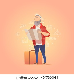 Traveler on orange background. Man looking at map. Adventure travel. Summer vacation. Around the world. Cartoon style. Vector illustration.