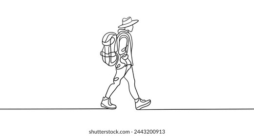 Traveler on the road with a backpack on white background. Tourist continuous line art drawing isolated on white background. Vector illustration