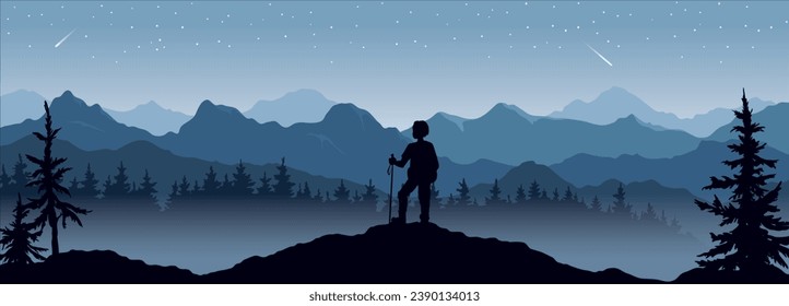 Traveler on top. Abstract landscape with mountains and forest. Starlight night. Vector illustrations.	