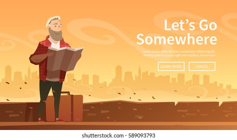 Traveler on urban background. Man looking at map. Adventure travel. Summer vacation. Around the world. Cartoon style. Vector illustration. #3