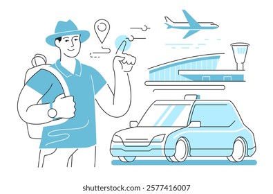 Traveler orders car transfer from airport. Travel concept. Commercial passenger transportation