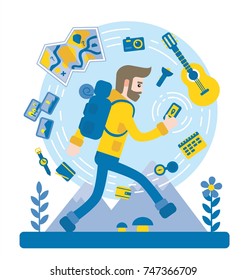 Traveler outdoor adventure walking using phone and tourist hiking equipment flat vector design.