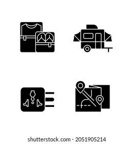Traveler pack black glyph icons set on white space. Clothing cubes. Tourist baggage. Map for camper. Nomadic lifestyle. Summer vacation. Silhouette symbols. Vector isolated illustration svg