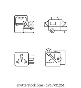 Traveler pack linear icons set. Clothing cubes. Tourist baggage. Map for camper. Universal adapter. Customizable thin line contour symbols. Isolated vector outline illustrations. Editable stroke